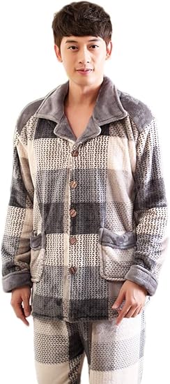 Amazon Taomengsi 19年メンズ ルームウェア もこもこ 暖かい 冬用 やわらかい マイクロファイバー ふわもこ 紳士用 パジャマ 長袖 上下セット 部屋着 グレー 男性用 寝間着 防寒 チェック柄 パジャマ パジャマ 通販