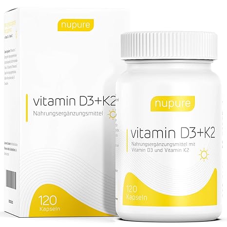 TÜV-NOTE: SEHR GUT - Nupure Vitamin D3 + K2 Menaquinon MK7, 120 Hochdosierte Mini Kapseln Mit 1000 IE Pro Tag, 4 Monatsvorrat