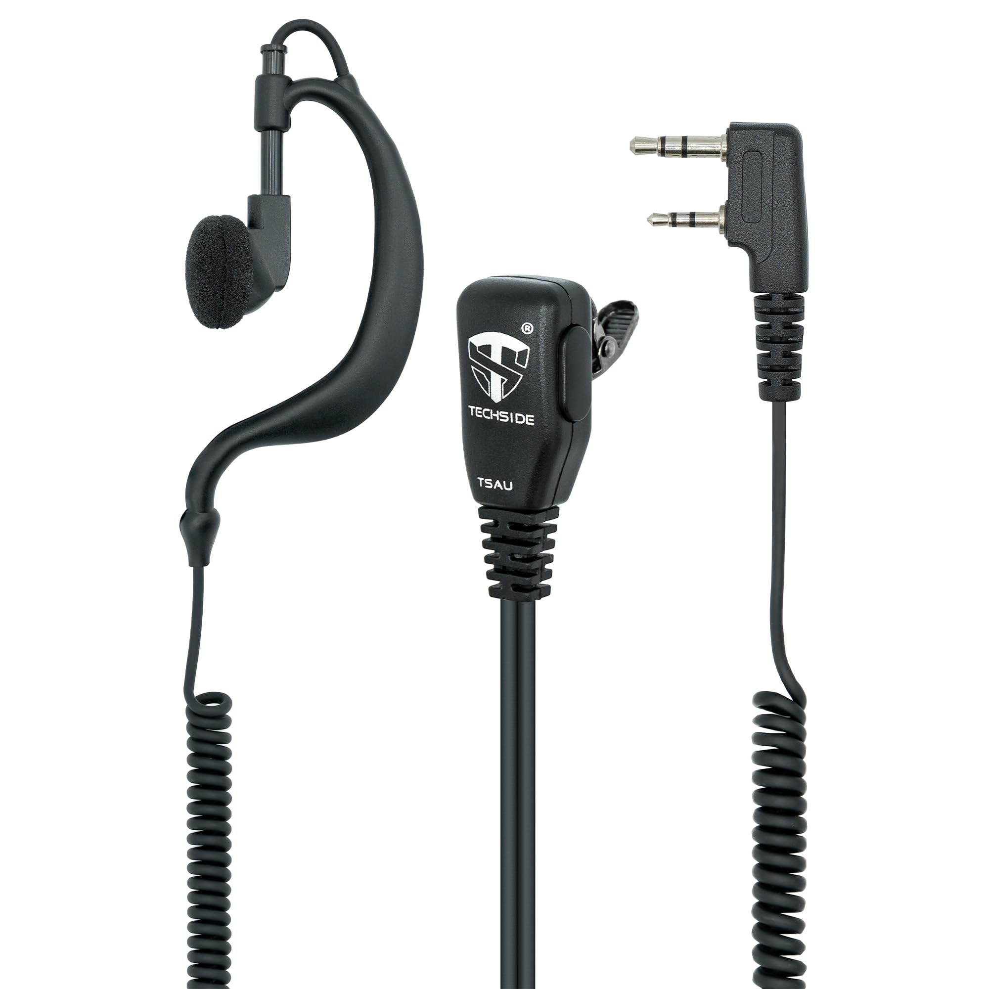 TechSide Microphone Earpiece 2-Pin Kenwood with Coiled Cables | Two-Way Radios | Compatible with TI-F8+, Midland G10, G11V, CT890, BaoFeng UV-82, UV5RA | Surveillance Security SoftAir