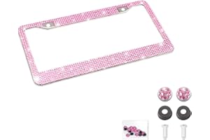 YALOK Bling Car License Plate Frame, Handcrafted Crystal Stainless Steel, Sparkly, Durable, Universal Fit, Car Accessories for Girls, Women (Pink)