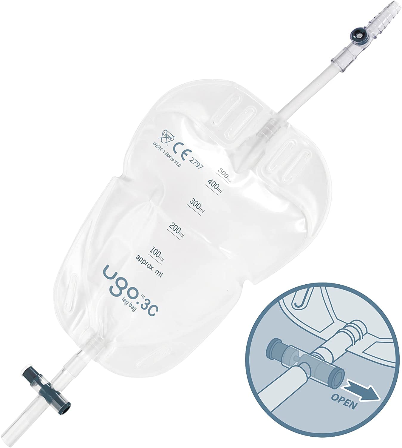 Ugo Leg Bags (x10) – Urine Drainage Bags/Catheter Leg Bags, T Tap or Lever Tap with Soft Fabric Backing and a Natural Leg-Shape Design (Pack of 10) (Ugo 3C - 500ml, Short Tube, T Tap)