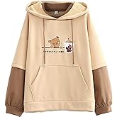 EMILYLE Women Cute Hoodie Girl Cartoon Bear Embroidery Long Sleeve Hoodie Patchwork Kawaii Sweatshirt