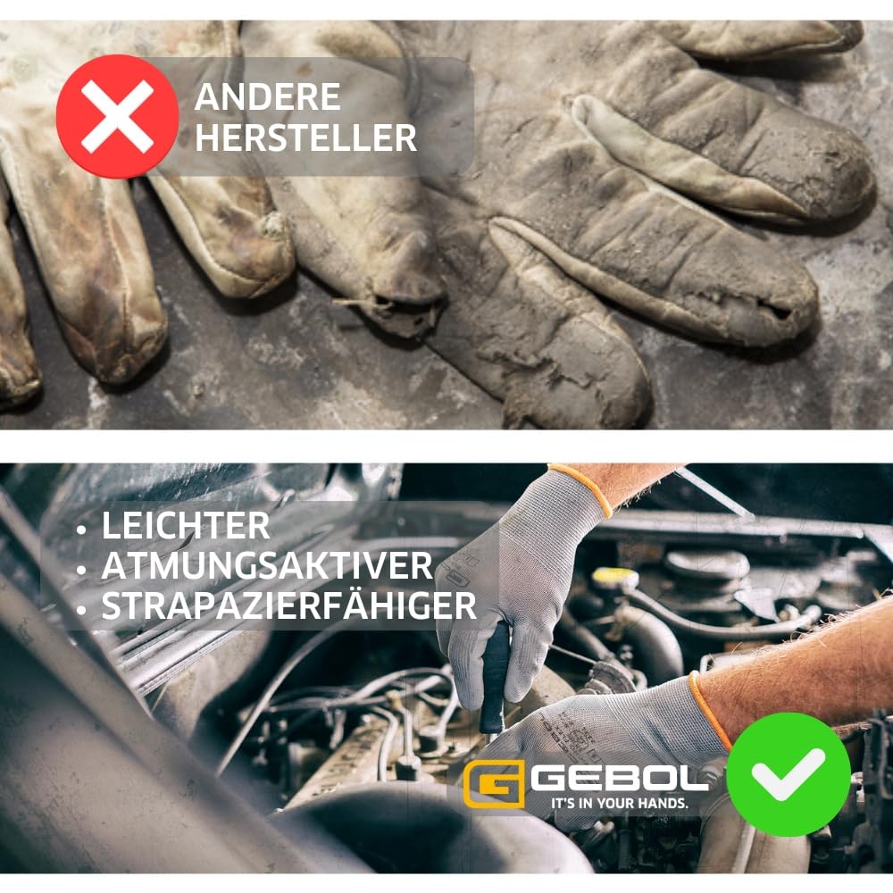 Gebol Nano Flex, 1 Paar Arbeitshandschuhe Herren, atmungsaktive Montagehandschuhe mit PU-Beschichtung für präzises Feingefühl und Griffsicherheit, Gr. L/9, Grau 2