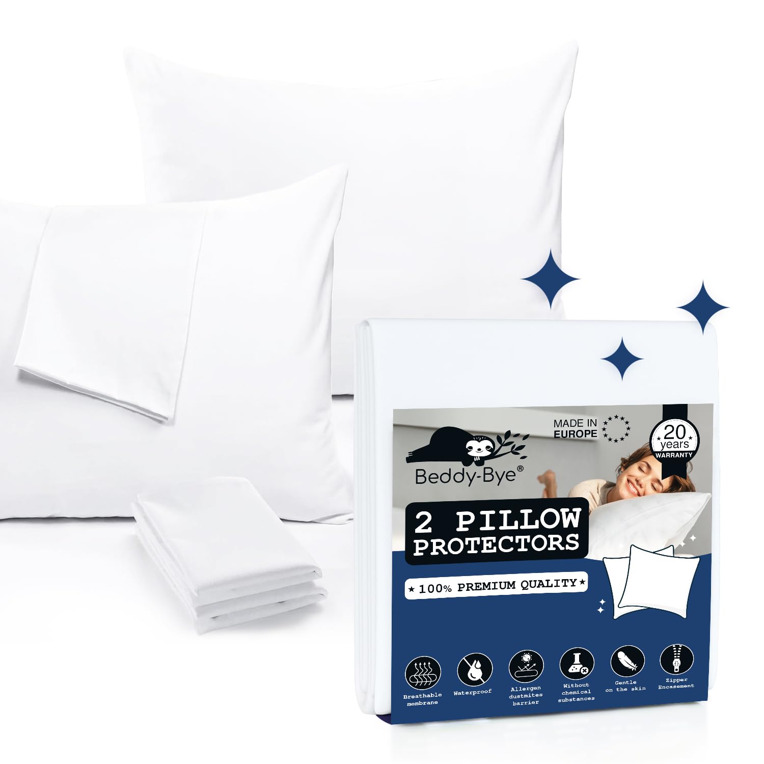 Zipped Pillow Covers Protectors 65x65 cm 2 Pack with Zip by Beddy-Bye® - Waterproof, Breathable and Hypoallergenic Oeko-Tex Certified Pillow Case - Cover Made in the EU