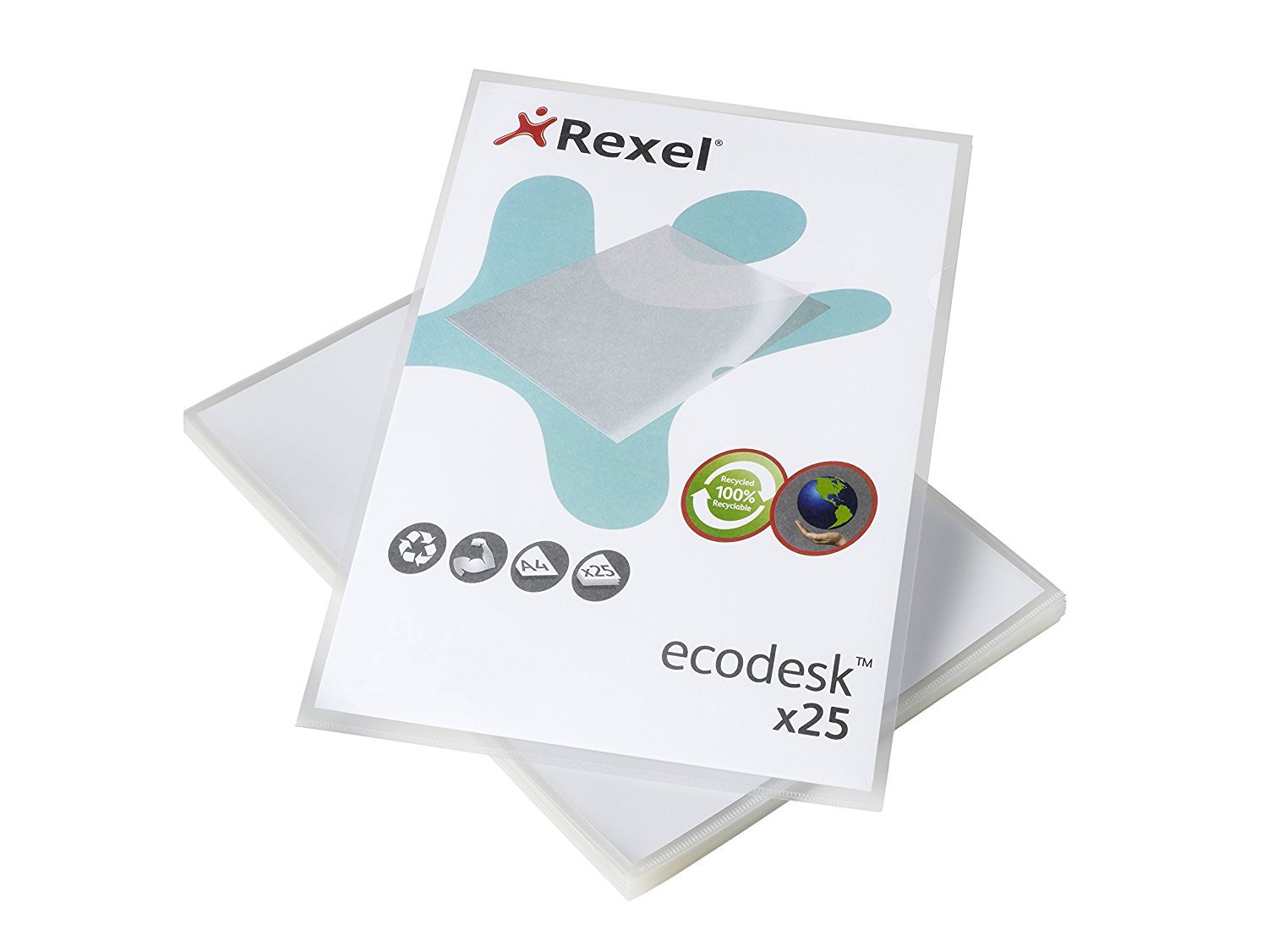 Rexel Ecodesk A4 Document Folders, Pack of 25,100% Recyclable, Eco friendly,140 Micron Thick, Embossed mat surface, 2102243, Clear