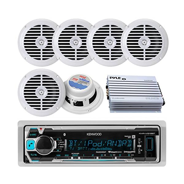 New-Kenwood-Outdoor-Waterproof-KMRM315BT-ATV-Bike-Yacht-USB-AUX-Radio-Bluetooth-6x-65-Inch-White-Marine-Speakers-400W-Marine-Amp-Outdoor-Audio-Kit