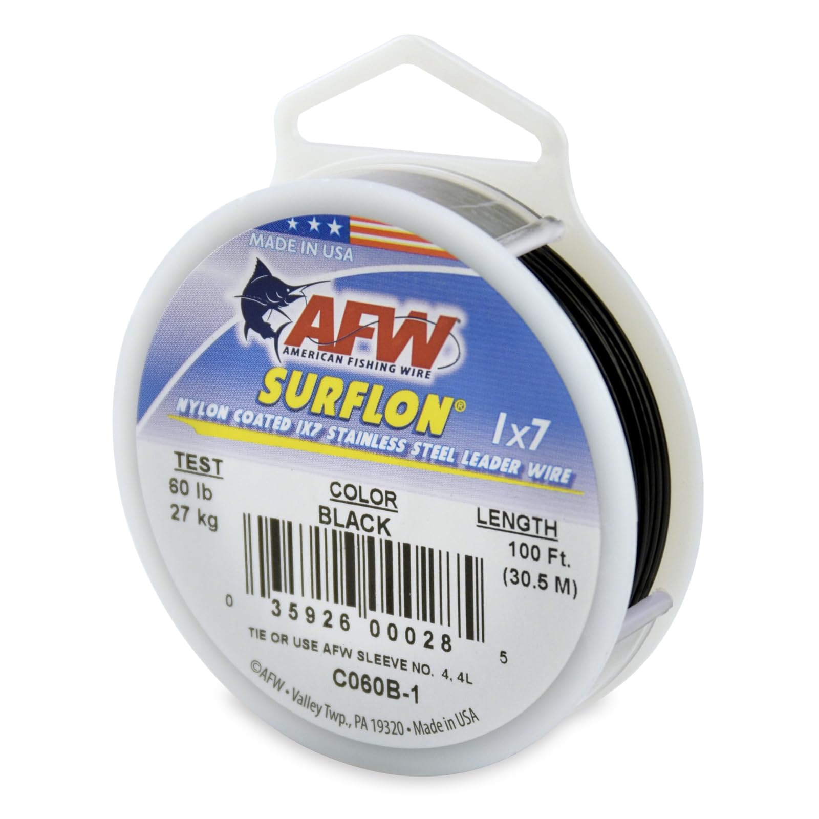 American Fishing Wire Surflon Nylon Coated 1x7 Stainless Steel Leader Wire, Black Color, 60 Pound Test, 100-Feet