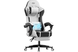 HLDIRECT Gaming Chair, Ergonomic Video Game Seat with 360° Swivel & Lumbar Massage, Computer Chair PU Leather Cushion for Adults Home/Office Use (Black & White)