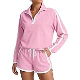 Fisoew Womens 2 Piece Outfits Sets Zip V Neck Long Sleeve Pullover Tops Shorts Casual Tennis Running Tracksuits