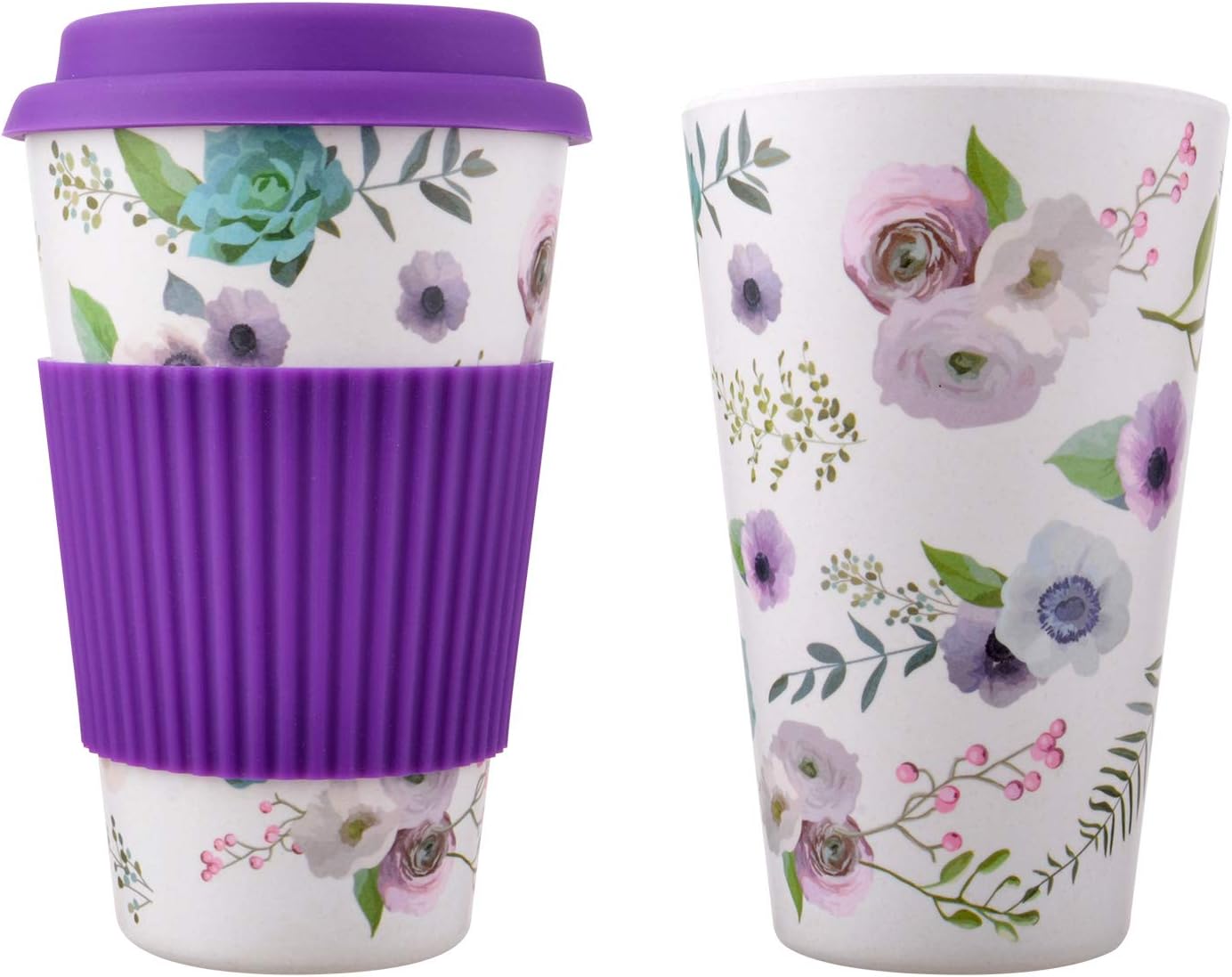 SAVORLIVING Coffee Mug Reusable Bamboo Fiber Water Tea to Go Cup with Silicone Lid & Sleeve, Eco-Friendly Takeaway Travel Mug 400ml/14oz (Purple)