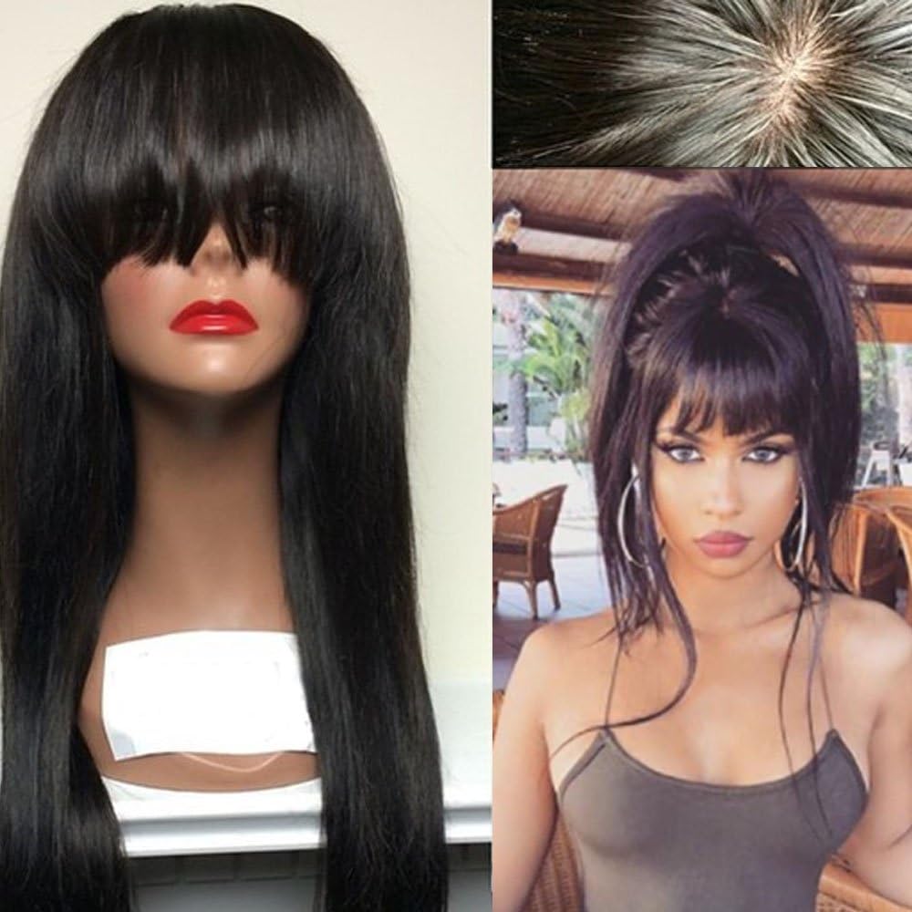 Aopus Hair Virgin Hair Human Lace Front Wig Brazilian Remy Human Straight Hair Lace Wigs with Baby Hair For African Americans Natural Color with Flat Bangs (16 Inch, 130% Density Lace Front Wig)