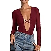 SOLY HUX Women's Deep V Neck Long Sleeve Bodysuits One Piece Leotard Party Tee Tops