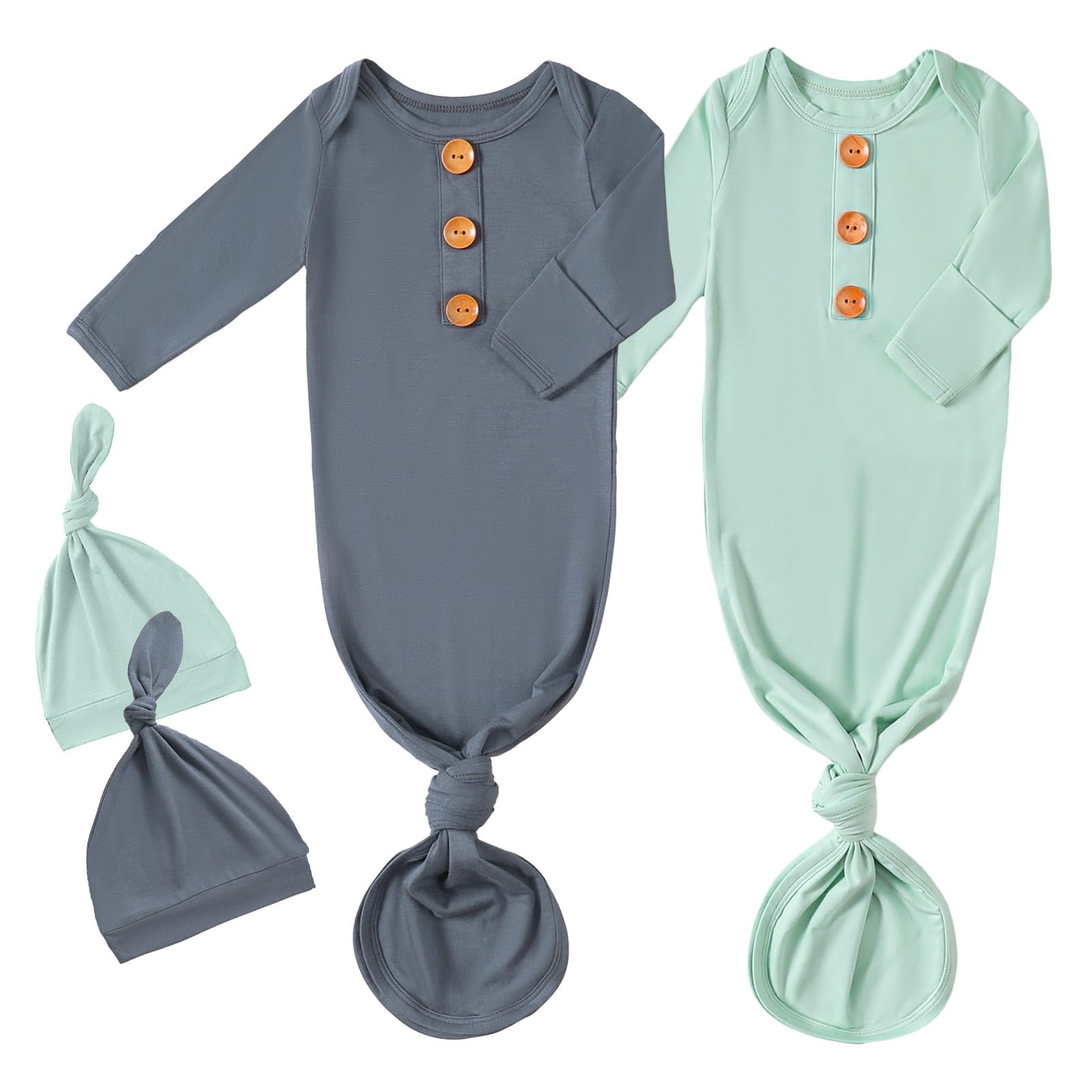 Photo 1 of OPAWO Knotted Gown Baby Newborn Sleepers Baby Boy Coming Home Outfit, Bamboo Viscose Baby Gowns with Mitten Cuffs and Hat Set(Navy Blue + Sage Green, 0-3 Months)
