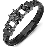 COOLSTEELANDBEYOND Men Steel Black Wolf Head Motorcycle Bike Chain Black Braided Leather Bangle Bracelet Magnetic Clasp