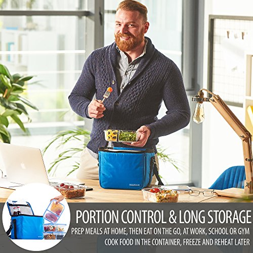 3 Pack Glass Meal Prep Containers 2 Compartment BPA Free Leakproof Glass Food Storage Containers Airtight Locking Lids Bento Lunch Box Containers Set in Large Insulated Thermal Cooler Meal Prep Bag
