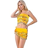 Baisdan Belly Dance Hip Scarf 2 Piece, Belly Dance Skirt and Top Set, Dancing Coin Skirts for Women, Halloween Costume, 2Pack