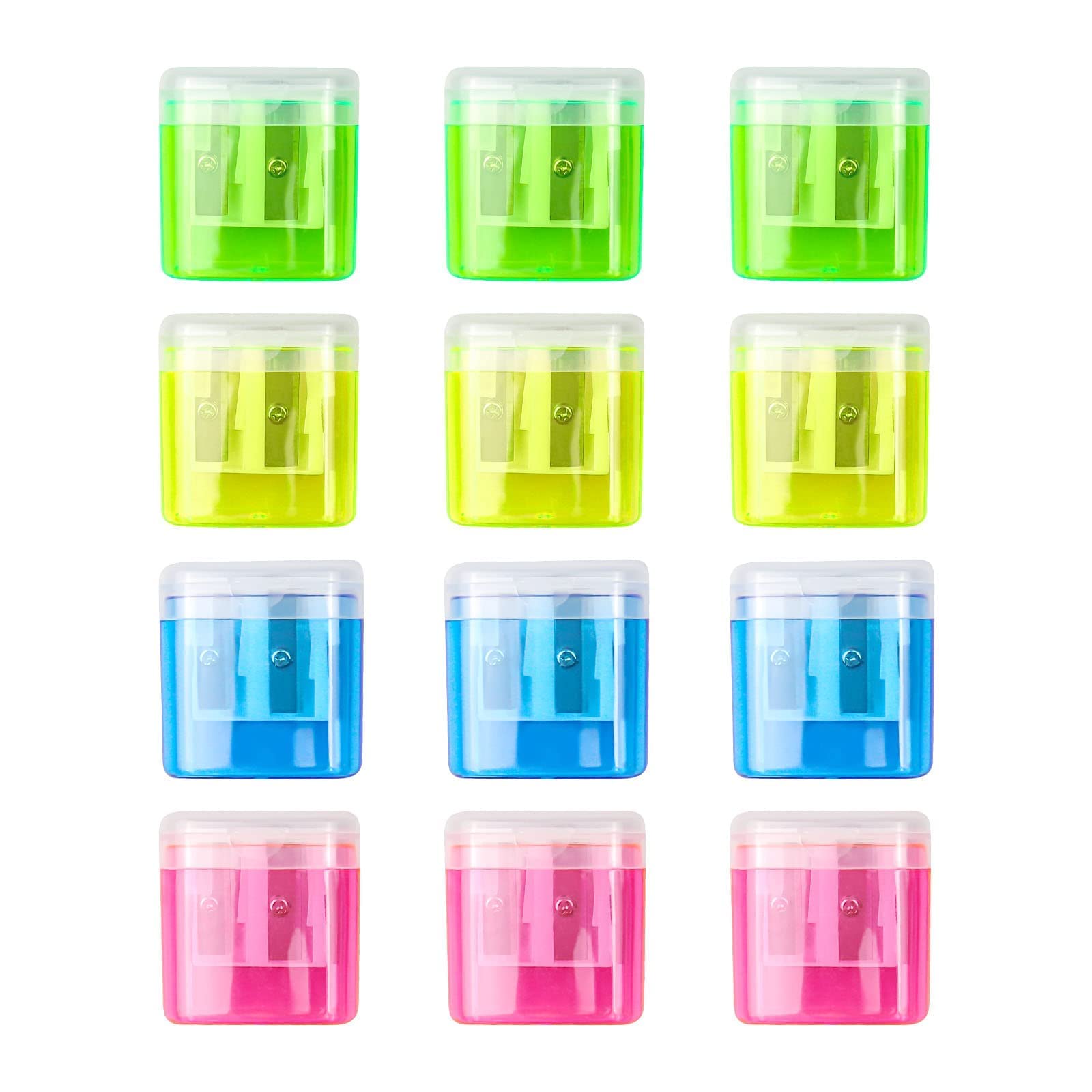 Pack of 12 Pencil Sharpeners, Manual Pencil Sharpener, Double Sharpener with Container Lid, Colourful Pencil Sharpener for Children, Students, School, Home, Office Supplies