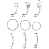 Oveta 9 PCS 16G Rook Eyebrow Piercing Jewelry Surgical Steel, 18G Nose Rings Hoop 6/8/10mm, Rook Earrings Eyebrow Rings Curved Barbell 8mm for Women Tragus Cartilage Daith Piercings, Silver/Gold