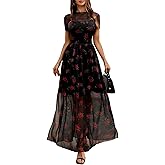 GothDark Women's Mesh Dress Short Sleeve Round Collar Floral Print High Slit Waist-Cinched Wedding Guest Maxi Dresses