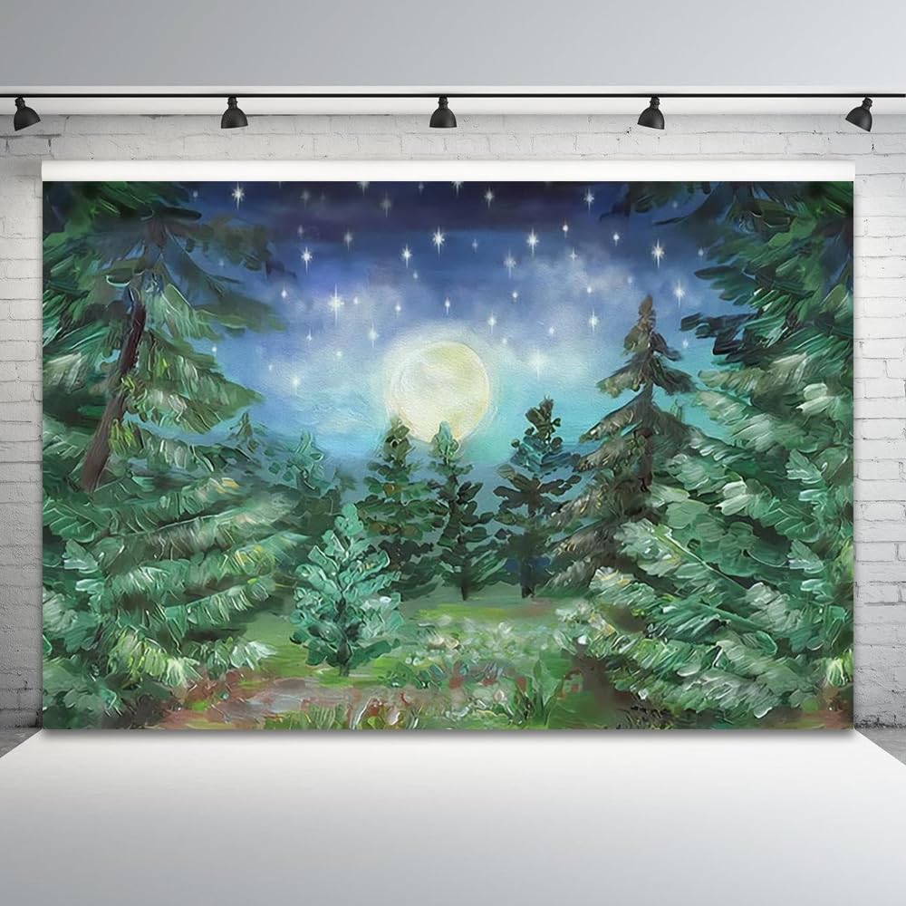 Photo 1 of 9x6ft Starry Night Forest Backdrop Jungle Night Moonlight Forest Pine Tree Forest Big Moon Photography Background Kids Baby Birthday Baby Shower Party Decor Cake Table Studio Photo Props