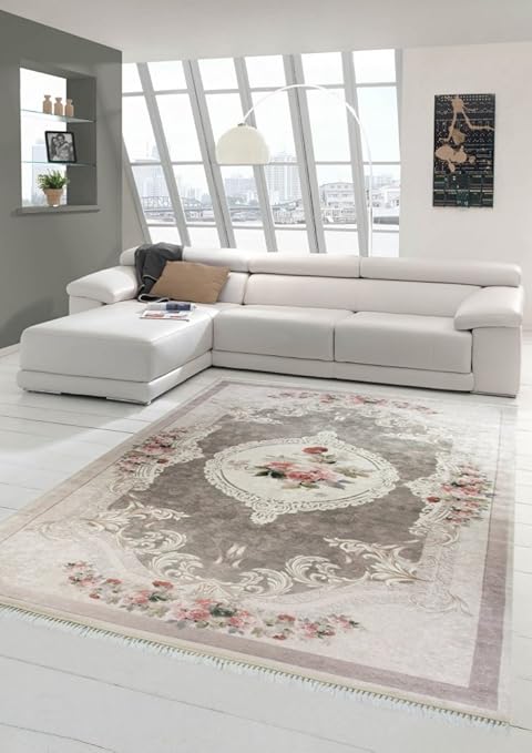 Merinos Teppich Blumen Wohnzimmerteppich Waschbar In Beige Rosa Grosse 120x160 Cm Amazon De Kuche Haushalt Wohnen