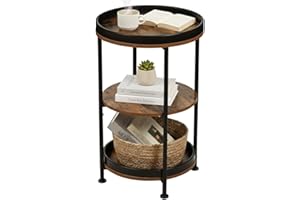 Dulcii Industrial Round End Table, 3 Tiers Round Side Table with Sturdy Metal Frame, Metal Round Sofa Table, Vintage Nightsta
