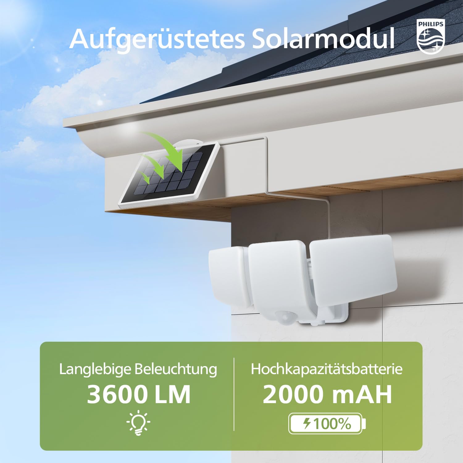 Philips 3600LM Solarlampen für Außen mit Bewegungsmelder, 5000K Wasserdichte Dimmbare LED, 3 Verstellbare Köpfe mit 5m Kabel, Separate Solarpanel mit 3 Modi Solar-Fluter für Hof, Garage 7