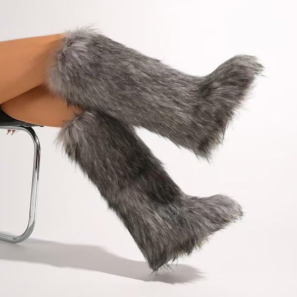 VALPEAK WOMENS FAUX FUR BOOT WINTER FLUFFY LONG FURRY BOOTS FOR GIRLS OUTDOOR FUZZY KNEE-HIGH BOOTS(DARK GREY,12)