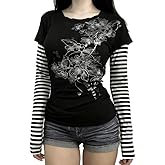 GOTHPICKUS Womens Y2K Stripe Vintage Graphic Sweatshirt 2000s Grunge Slim Fit Long Sleeve Tops Punk Retro Alt Pullovers