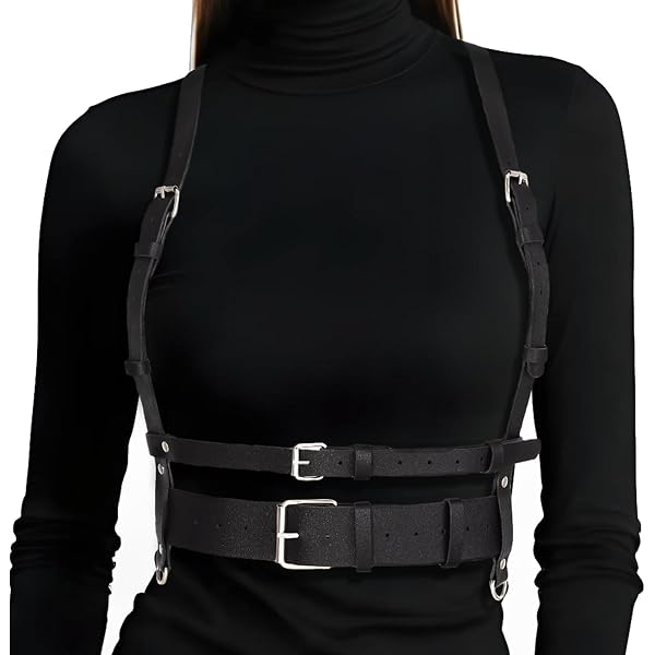 LEWECEEO Women Harness Leather Waistband Double Shoulder Straps