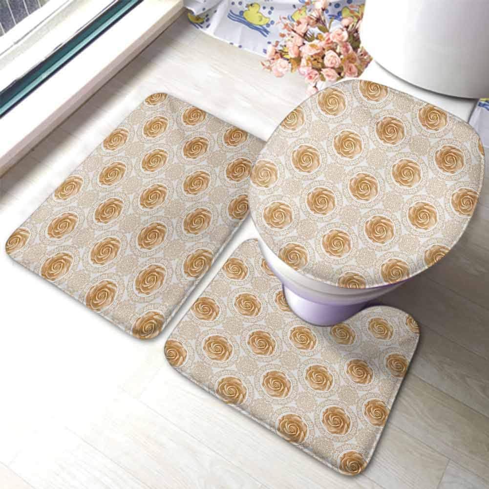 Flower Bathroom Rug Mats Set 3 Piece Vintage Rose Pattern