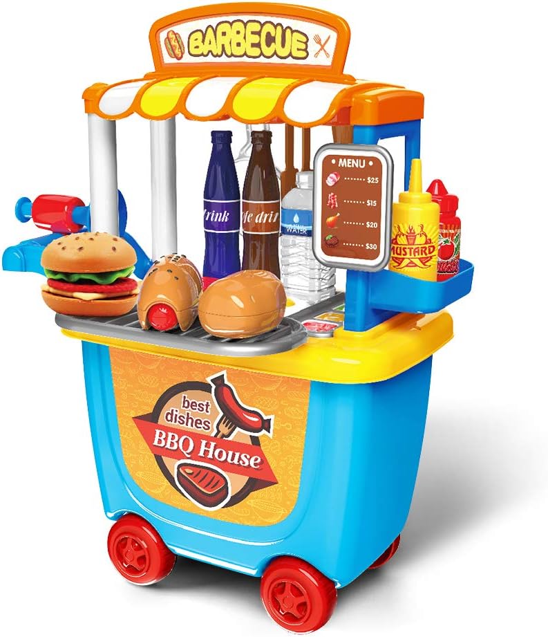 Gizmovine Kids Pretend Play Toys BBQ Barbecue Cart Shop Toys for 2 ,3,4 years old, 33 Pieces Barbecue House with Roller Case, Gift Box