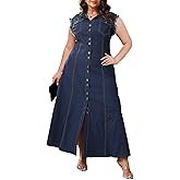 Sexyshine Women's Sleeveless Full Button Closure Denim Dress Lapel V Neck A Line Plus Size Tank Top Jeans Maxi Dresses