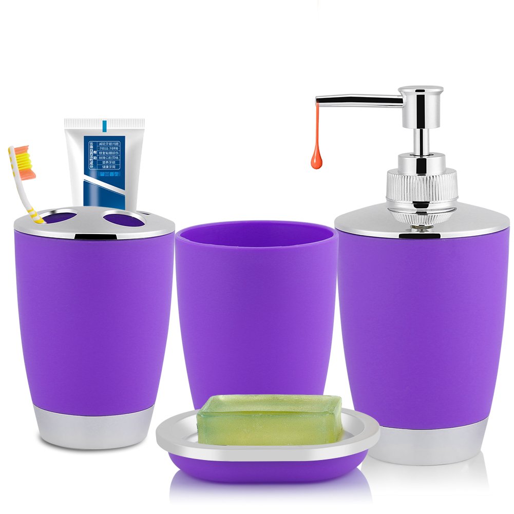 4Pcs/Set Bathroom Suit Accessories Includes Cup Toothbrush Holder Soap Dish Dispenser Lotion Bottle Fashionable Stylish Design Bathroom Accessories Kit (Purple)
