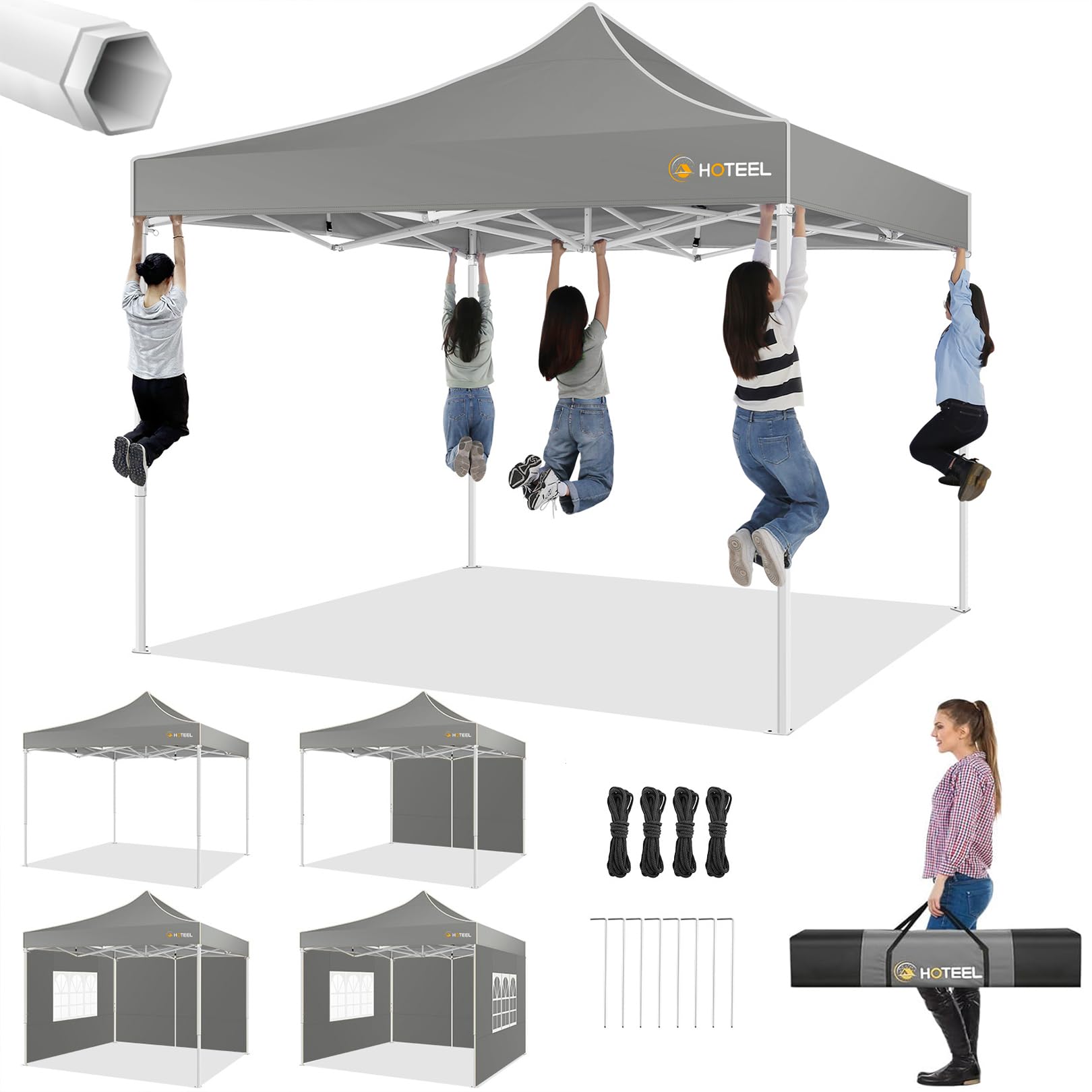 Photo 1 of HOTEEL 10x10 Pop up Canopy Tent for Parties, Heavy Duty Easy Setup Tent with 4 Sidewalls, Outdoor Commercial Instant Gazebo for Wedding Event, with Portable Bag, Grey(Hexagonal Frame)
