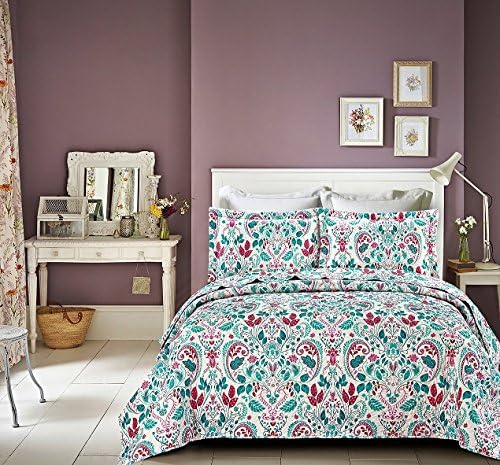 3 Piece Cotton Blend Bedspread Coverlets Bed Throw Double King Superking Bed (Pink Teal)