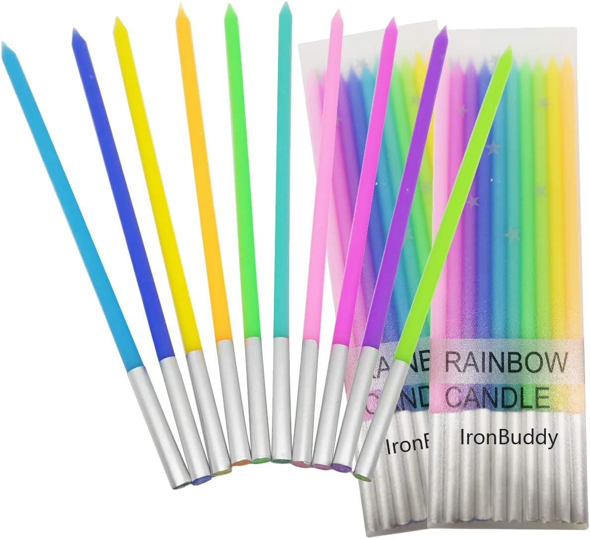 IronBuddy 30 Count Cake Candles Long Thin Cake Candles Metallic Birthday Candles in Holders for Party Wedding Birthday Cake Decorations (Rainbow Color-2): Home & Kitchen