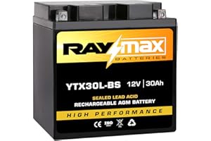 Raymax YTX30L-BS 12V 30Ah AGM Battery – High Performance Sealed Lead Acid Battery – 400 CCA – Maintenance-Free – Fits ATV, UTV, Motorcycle, Snowmobile, and Scooter | Size: 6.54"L x4.96"W x6.89"H.