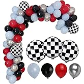 93Pcs Race Car Balloon Garland Kit Racing Car Theme Birthday Party Decorations Black Red Blue Balloons with Checkered Foil Balloon for Race Car Birthday Baby Shower Decoration Party