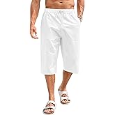 Fommykin Men's Cotton Linen Capri Pants Baggy Harem Drawstring Yoga Beach Pants with Pockets