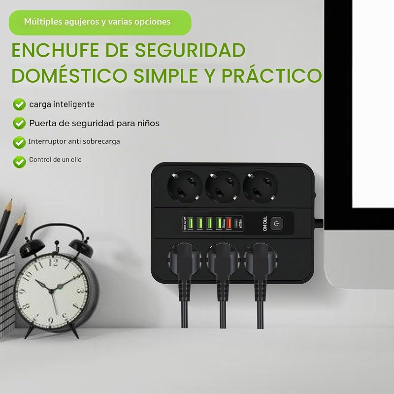 Fita USB-C Preta: Régua de alimentação USB ABS de cobre de 2m com 5 USB A e 1 porta de carregamento rápido Tipo C, Múltiplas Tomadas para Casa, Escritório e Sala de Estar, Preto — foto 5 de 7
