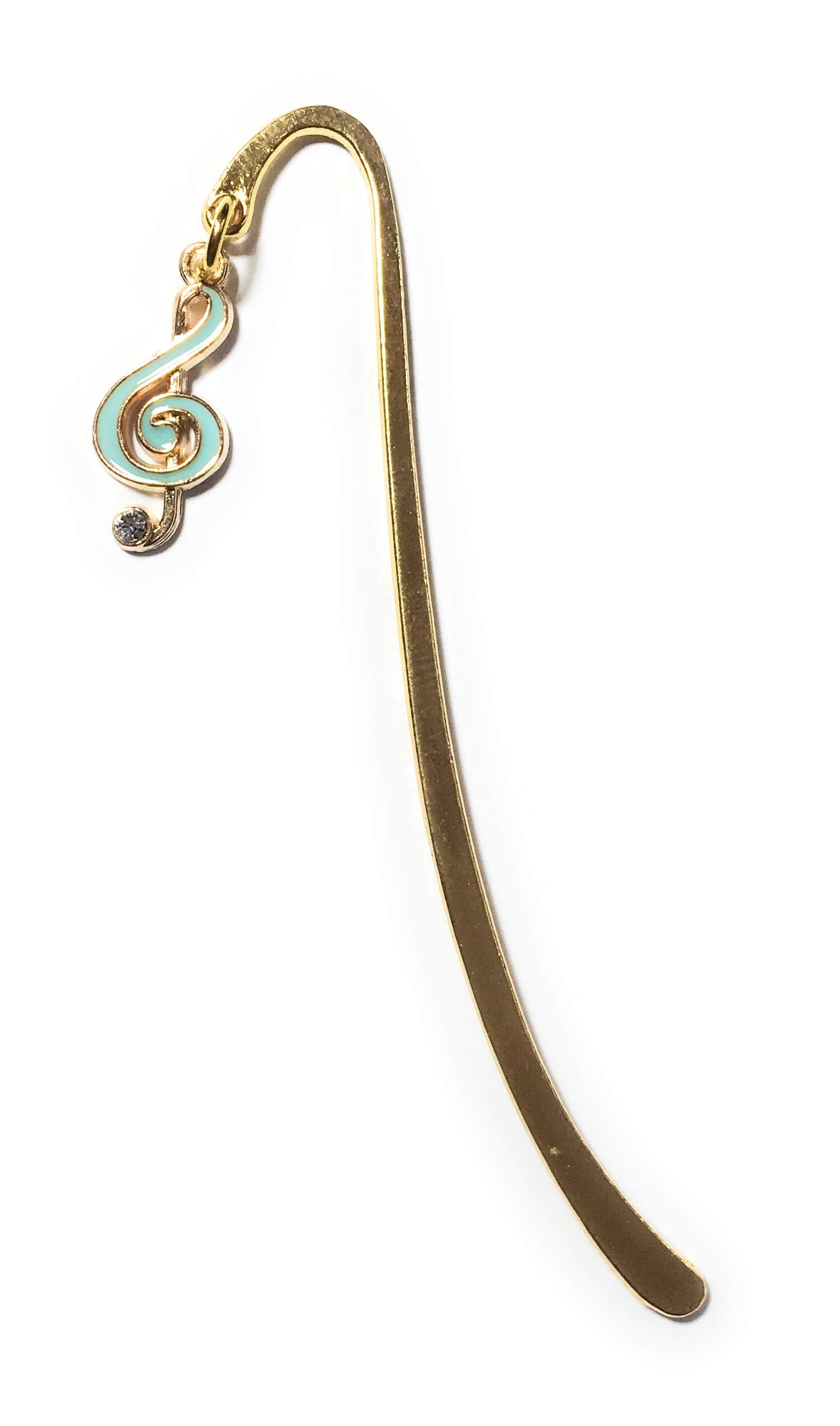 FizzyButton Gifts Gold Tone mini Bookmark with Treble Clef Shaped Charm with Turquoise Enamel and Rhinestone Detail, in Gift Bag