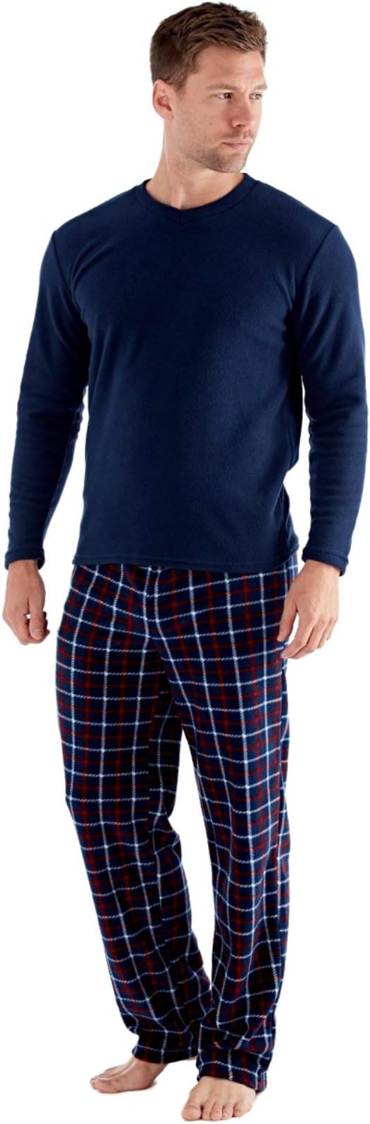 SaneShoppe Men's Thermal Top Navy,Black,Grey Check Polar Fleece Pant Warm Pyjama Set