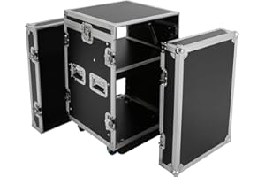 KREIAOER 10U PA DJ Pro Audio Rack Road Case with Slant Mixer Top and Casters, DJ Mixer Rack, Pro Tour Grade