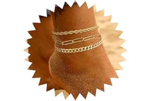 PATISORNA Ankle Bracelets for women,14 Gold Plated Waterproof Layered lightweight Cuban Link Figaro Chain Anklets Set Gold An