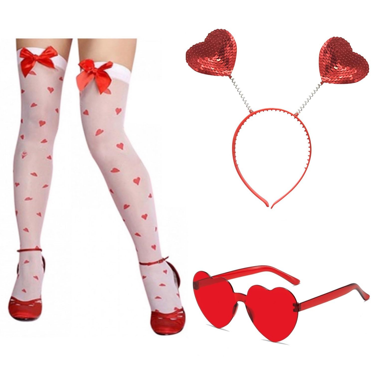 MEISH 3 Pieces Halloween Costume Accessories Opaque Love Bow Stockings Love Headband Heart Shaped Glasses Cosplay Props for Masquerade Party