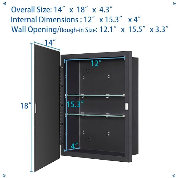 IDYLLOR BLACK BATHROOM MEDICINE CABINET WITH BEVELED EDGE MIRRORED DOOR 14 X 18 INCH, RECESSED OR SURFACE MOUNT, WITH ADJUSTABLE GLASS SHELVES
