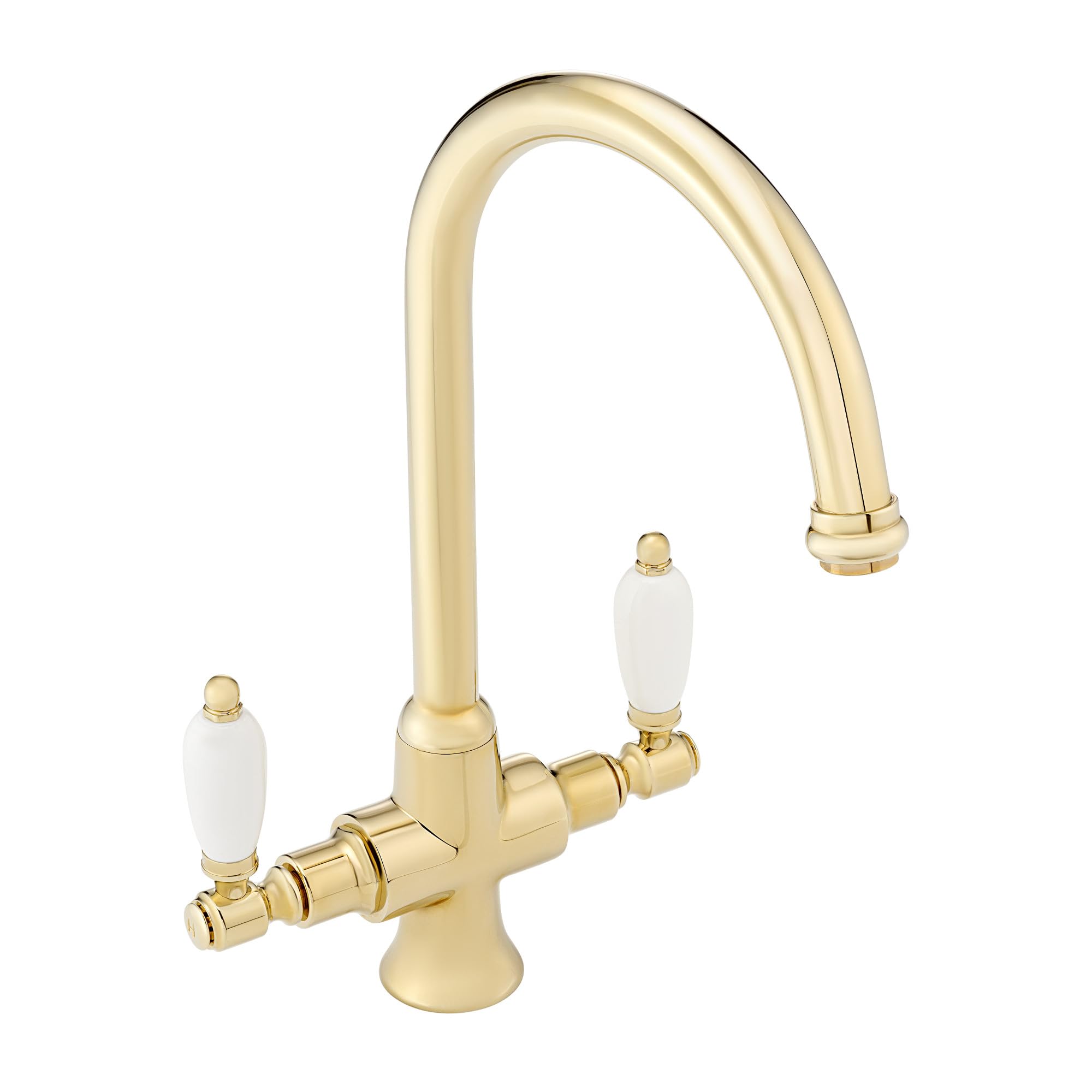 ENKI, Dorchester, KT061, Gold Polished Ceramic Dual Flow Kitchen Sink Mixer Tap for Basin, with Twin White Levers Swivel Spout Perfect for Double Bowl Sinks, Easy Safe to use Drip Free Ceramic Valve
