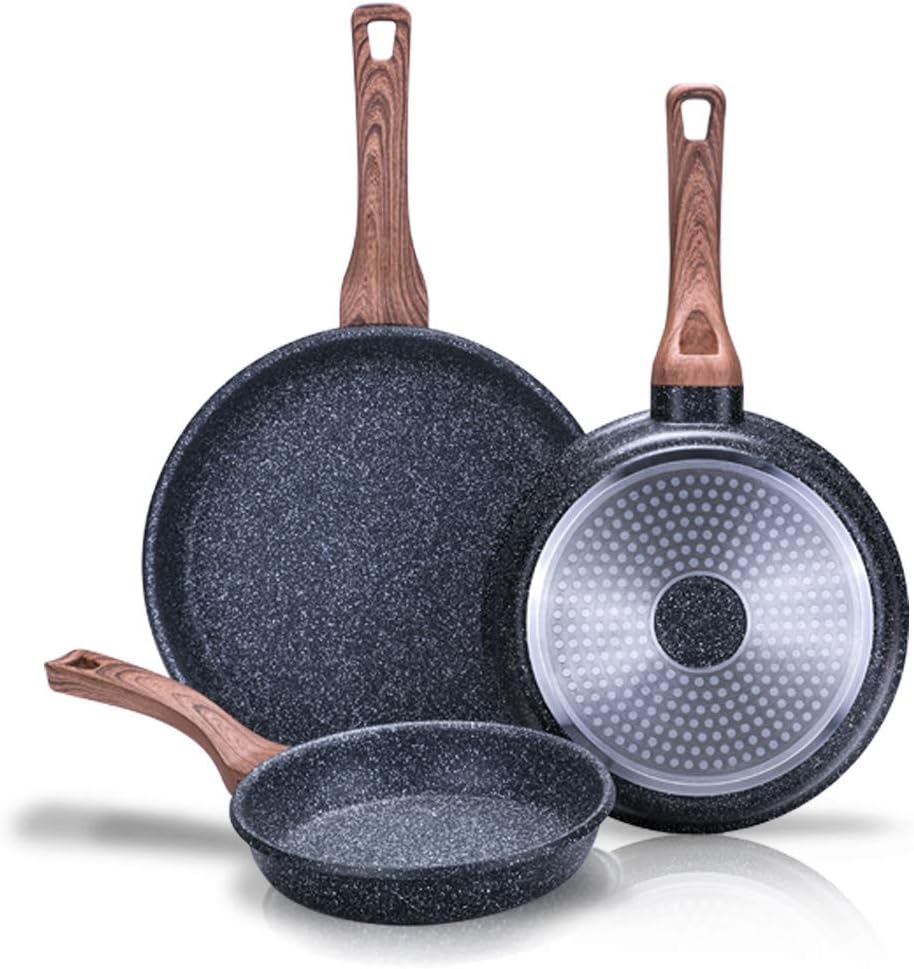 NEWCHEF - Juego de Sartenes Antiadherentes FOLK 3pzs. (20,24,28Ø cm) de Aluminio, apto para Inducción y Vitrocerámica. Set de sartenes Antigoteo con Mango Ergonómico, Fáciles de Limpiar y Libre PFOA