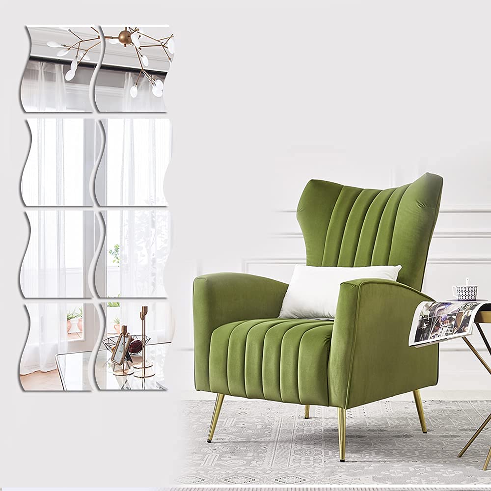 Beser Lee 3D Wavy Mirror Art, 8PCS DIY Home Decorative Acrylic Mirror Wall Sheet Plastic Tiles for Living Room Bedroom Sofa TV Setting Wall Decoration Decal